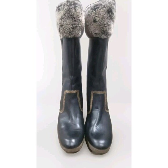 Timberland Tall Boots Women's 8 Black Leather Fur-Lined Wedge Heel Pull-on - Picture 1 of 9